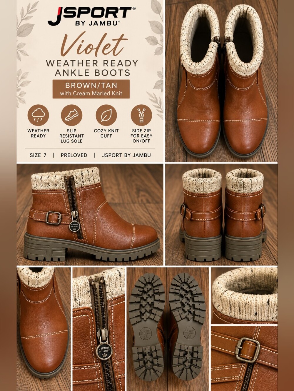 JSport by Jambu Brown/Tan Ankle Boots with Cream Knit Cuff